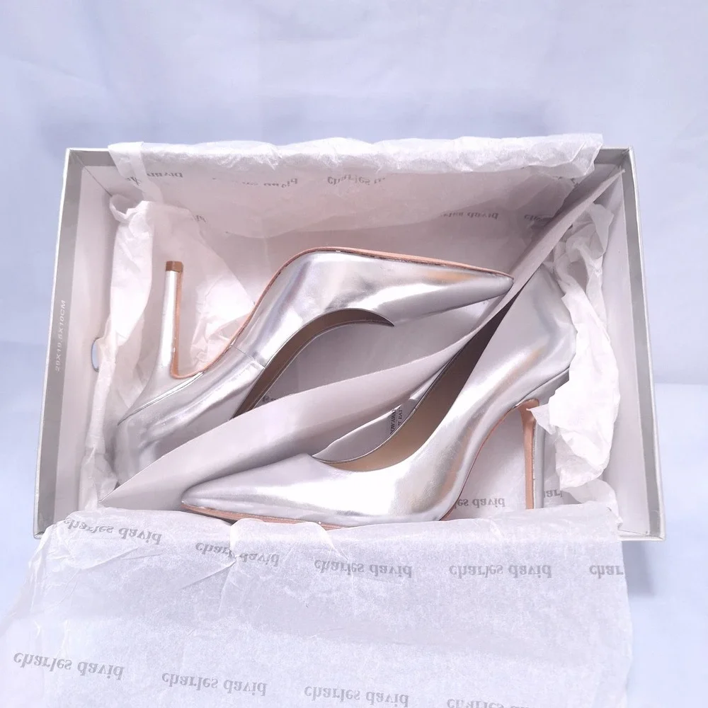 Charles David Sway Silver Mirror‎ Pointed Toe Stiletto Heels Pumps Sz 6 Y2K Gala